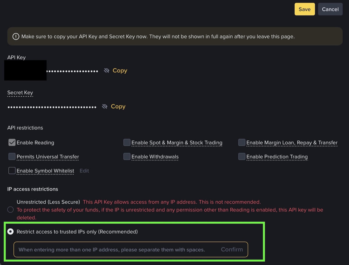 Binance IP access restrictions with "Restrict access to trusted IPs only" selected and the address field ready for the server IP.