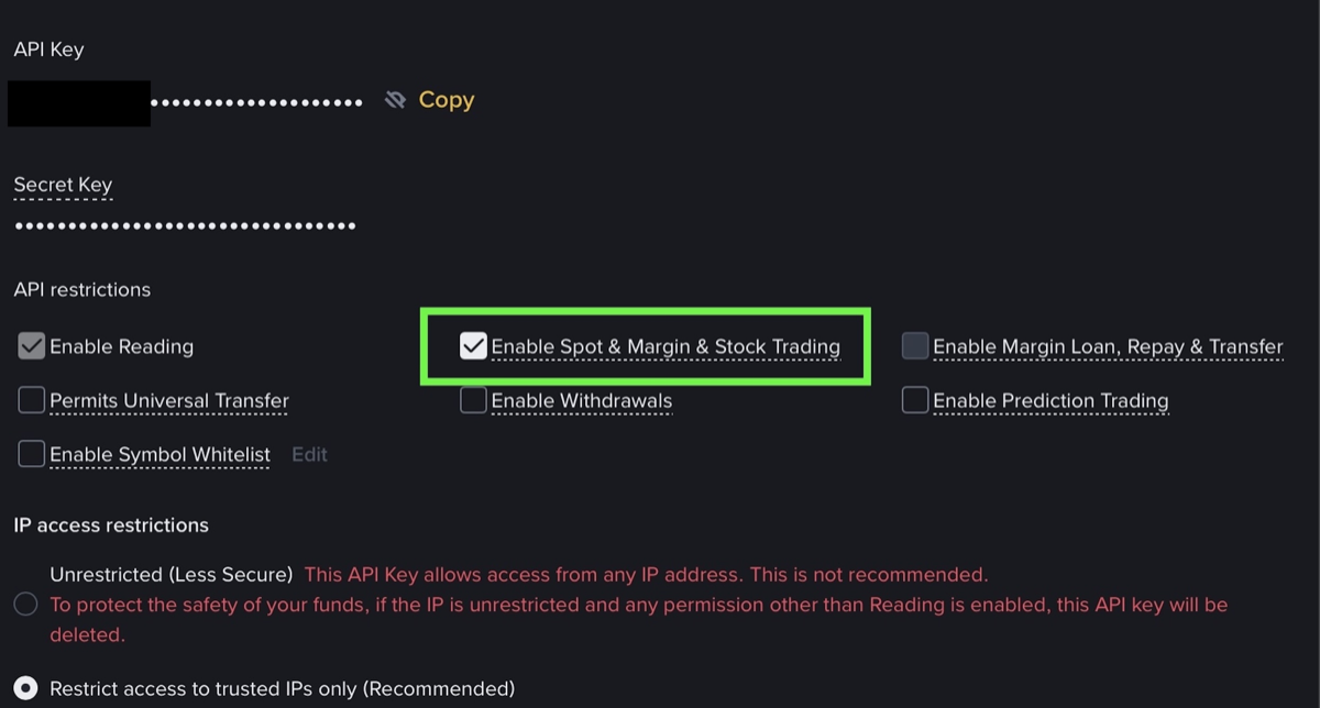 Binance API restrictions: Enable Reading and Enable Spot & Margin & Stock Trading are ticked, the Enable Withdrawals checkbox is empty.